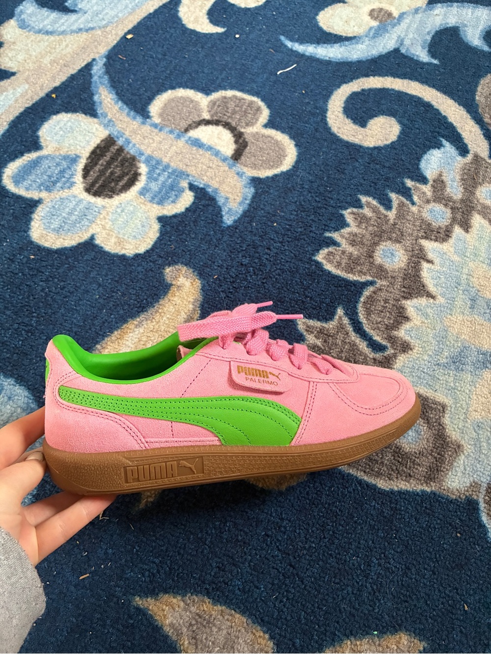 PUMA Palermo sneakers in the "Pink Delight/Green/Gum" colorway